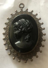 Bomae Original Cameo Brooch w/Black Glass Intaglio & Ornate Brass-Tone Bezel