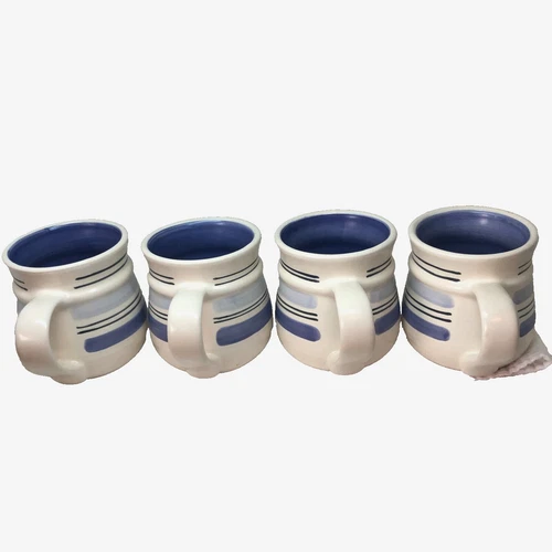 4 Pfaltzgraff Rio Stoneware Mugs Blue White Stripe Coffee Tea Cups