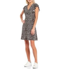 MICHAEL KORS Leopard Cheetah Print Matte Jersey V-Neck Flutter Sleeve Dress PM