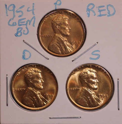1954 P D S LINCOLN WHEAT CENT PENNY 1C RED GEM BU SET (3 COINS) 54717