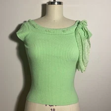 Copper Key Y2K Top Womens Sz M Knit Green Polka Dot Bow Scarf  Tie Short Sleeve