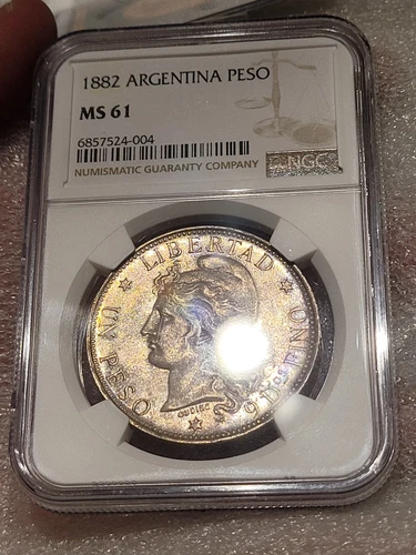 ARGENTINA SILVER COIN 1 ONE PESO "PATACON" 1882 CROWN  NGC MS61 (Looks Much Bett
