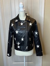 Nasty Gal Star Behavior Black Faux Leather Belted Biker Jacket White Stars Sz 4