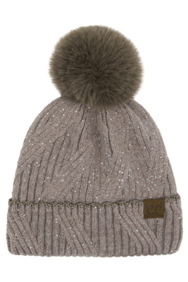 C.C Exclusive Women Winter Soft Weaved Knit Sequin Cuff Beanie Hat with Fur Pom