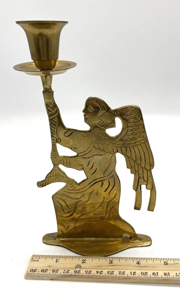Vintage Double Sided SOLID BRASS Candlestick Holder Christmas Angel - Image 3 of 4