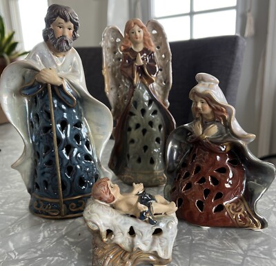 RARE Vintage 4 pc Ceramic Glazed Nativity Figurine Set Pierce Cutout Design 7''  