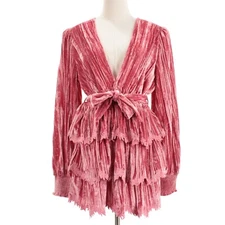 Hemant & Nandita NWT Reha V-Neck Short Tiered Dress Size L in Solid Pink Velvet
