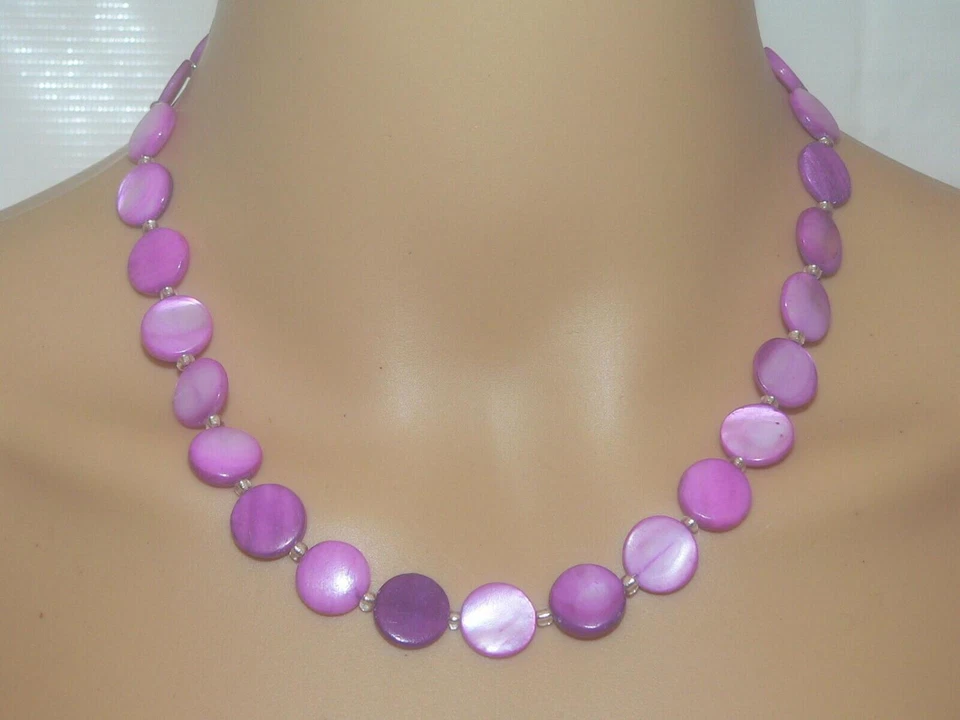 Halskette Kette Collier  Muschel Perlmutt  Scheibe Ø12mm violett pink  405t - Bild 4 von 4