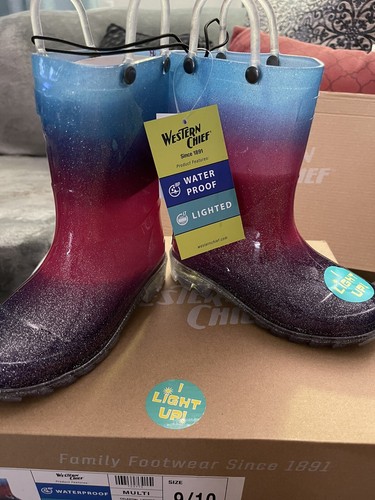 WESTERN CHIEF Rosa Arco Iris Brillo Iluminadas Botas de Lluvia Niños Talla 7/8 Nuevas En Caja - Imagen 2 de 9