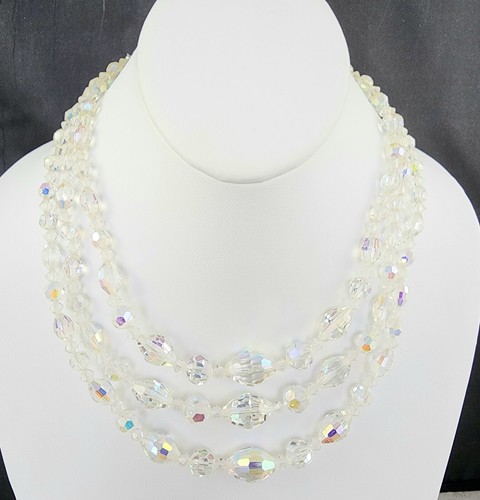 Vintage Aurora Borealis AB facettierte Kristall Perlen Dreifach Strang Halskette - Bild 1 von 10