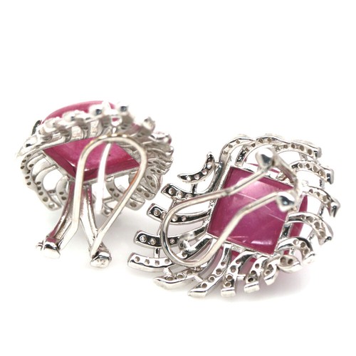 925 Sterling Silver 11 x 11 mm. Pink Ruby & White Zircon Earrings - Picture 3 of 4