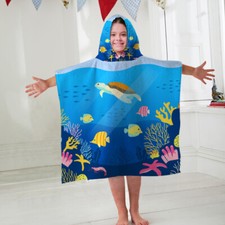 Kids Hooded Towel Poncho Sea Creatures Design Childrens Bathrobe Swim Bath Sun