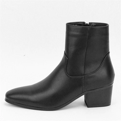 Herren seitlicher Reißverschluss Blockabsätze Chelsea Leder Schuhe spitz zulaufend hohe Oberteile schwarz Stiefel - Bild 5 von 10