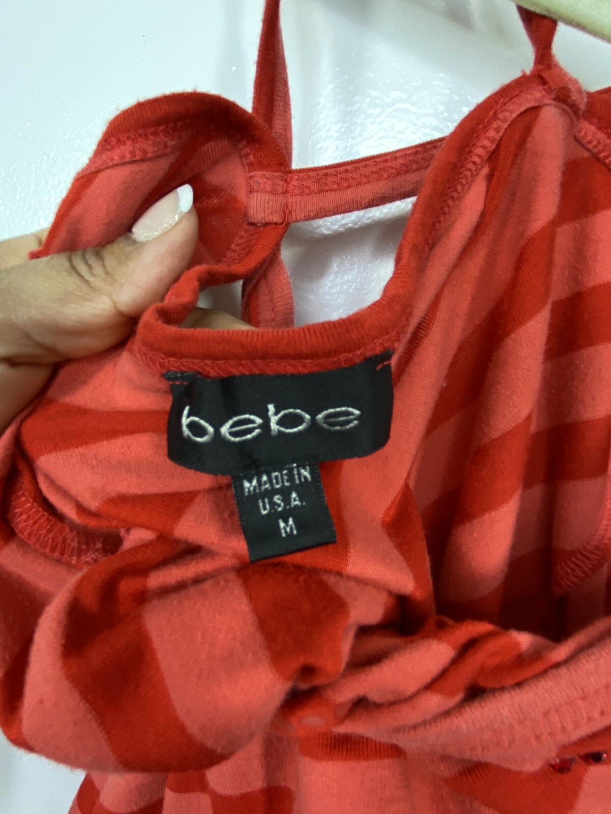 Bebe Rhinestone Logo Orange Stripe Stretchy Criss Cro Gem