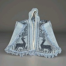 Vintage Alpacas Llamas Wool Cape Poncho Hooded Boho Unisex Fringe Tribal Sun