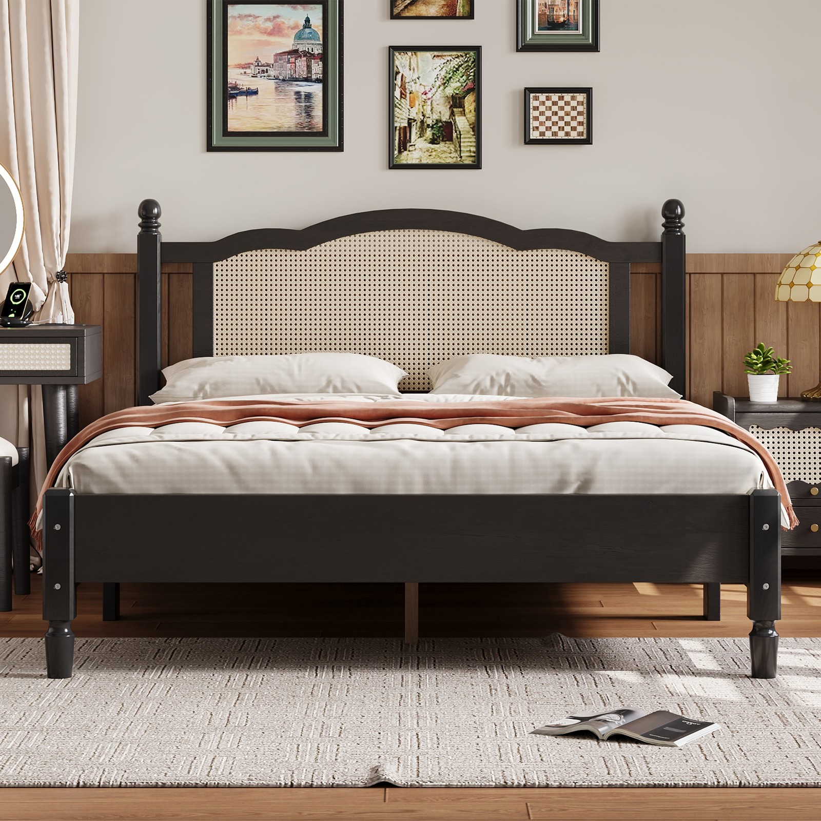 Queen Size Wooden Platform Bed with Natural Rattan Headboard, Vintage Bed Frame