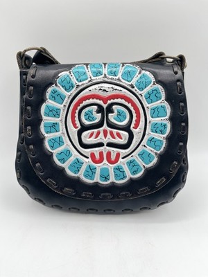 Unique Handmade Aztec Mask Cowhide Leather Hand Painted Tooled Purse Crossbody