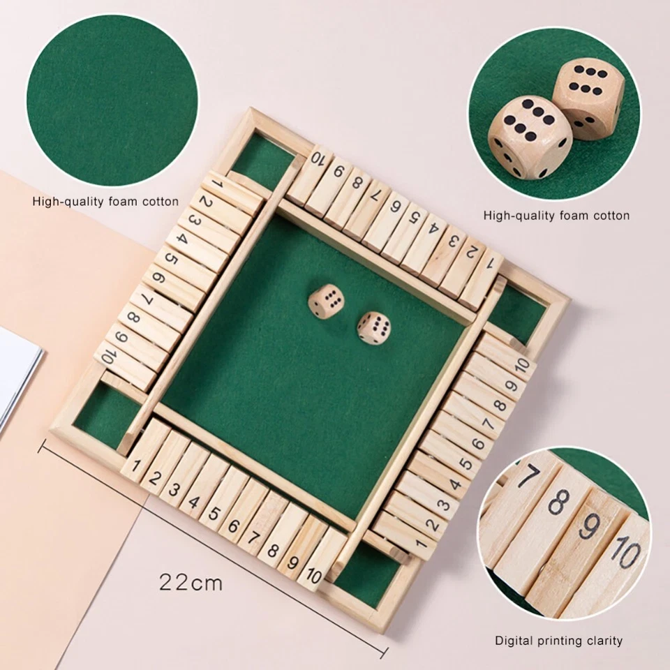 Wooden Dice Board Game Shut The Box for 4 Players Flaps & Dices Game Parent-chi - Image 3 of 4