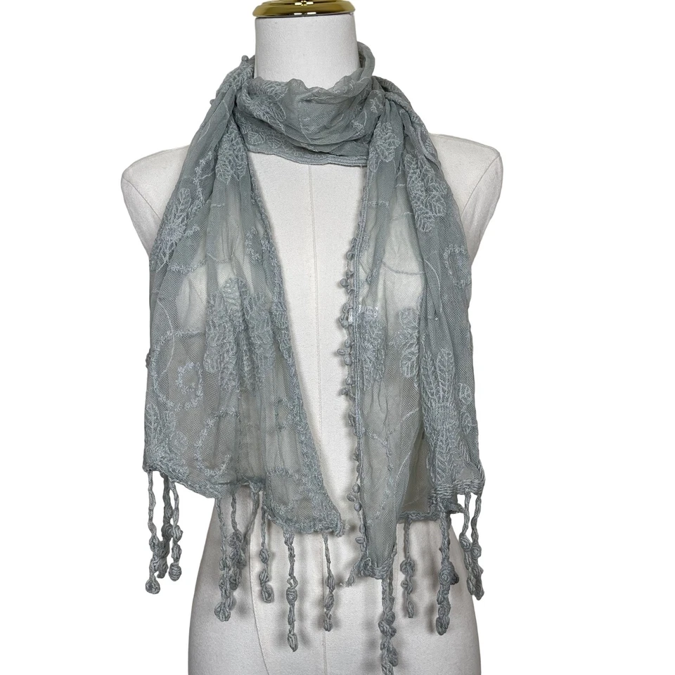 Vintage Sheer Lace Skinny Scarf Embroidered Floral Tassel Light Blue Y2K Fairy - Image 2 of 4