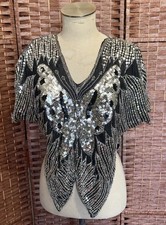 Vintage Disco Silver Sequin SILK Butterfly Top Made in India