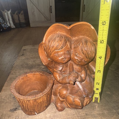 Vtg Folk Art Hand Carved Candle Holder Signed Ricardo Girl Boy Under Umbrella - Picture 7 of 8