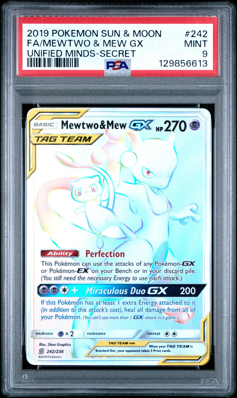 POKEMON UNIFIED MINDS MEWTWO & MEW GX #242 SECRET RARE PSA 9 MINT #129856613