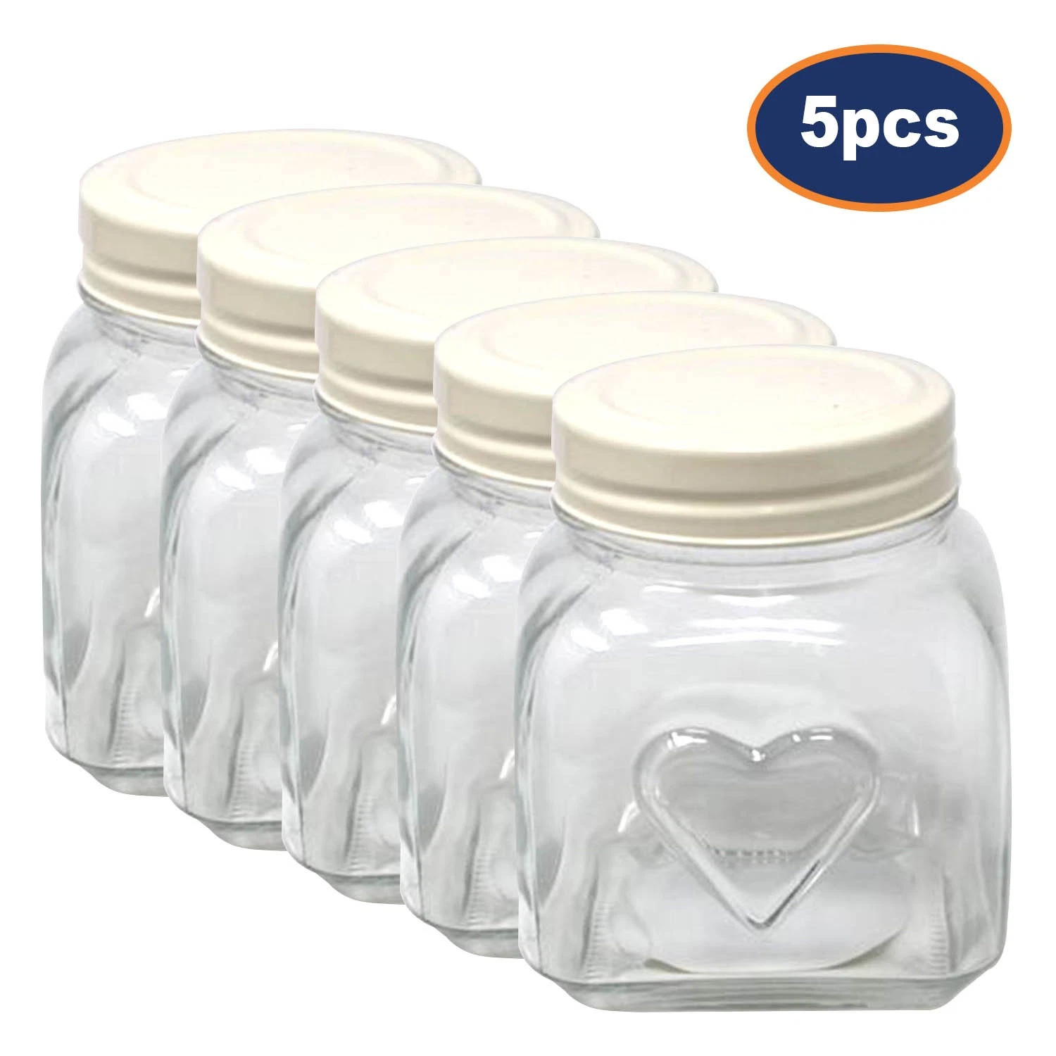 5pcs 900ml Embossed Heart Glass Storage Jar Container Cream Screw Lid Canister