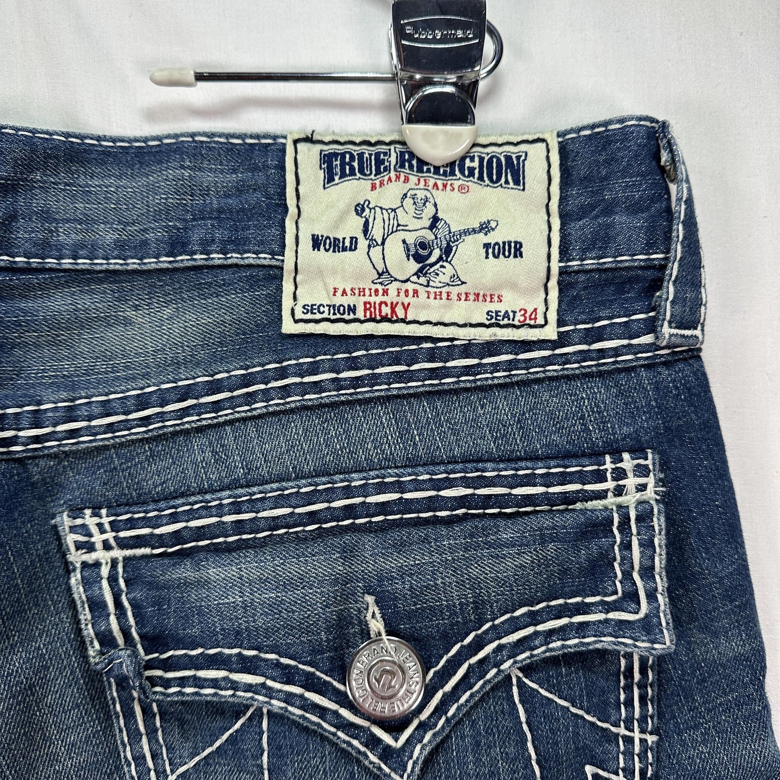 Vintage True Religion Ricky Jeans Mens 38 Blue Straight Leg Rope Wide Stitch USA thumbnail 10
