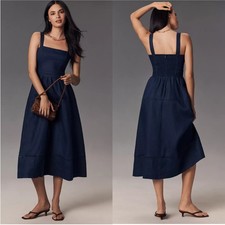 NWT Reformation Everett Linen Midi Dress in Danube (Navy Blue) Size 10