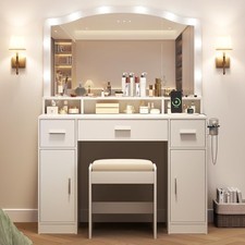 LED Vanity Desk with Mirror 3 Drawers Makeup Table with Outlet Bedroom Furnit