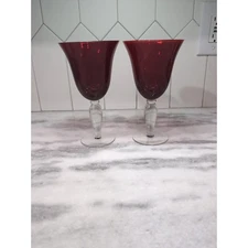 Ruby Red Glass Goblet Set, Clear Stem Glasses, 7 7/8" Tall Goblets, Set of 2