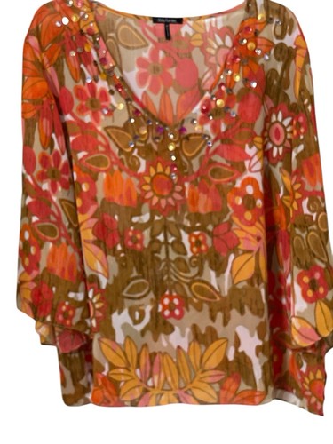 Daisey Fuentes Top Women 2X Multicolor Floral Beaded V Neck Lightweight Chiffon