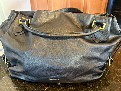 Bally Black Pebbled Shoulder Bag, Top Handle, Gold Hardware, Buckle, Dust Bag