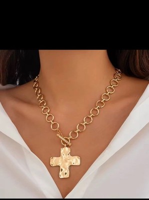 Chunky Cross Necklace 18K Gold Layered Hammered Jewelry Statement Pendant NWT US