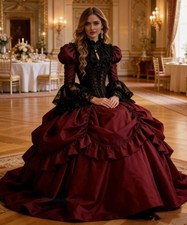 Vintage Victorian Prom Dress Burgundy Black Gothic Flare Sleeves Evening Gowns