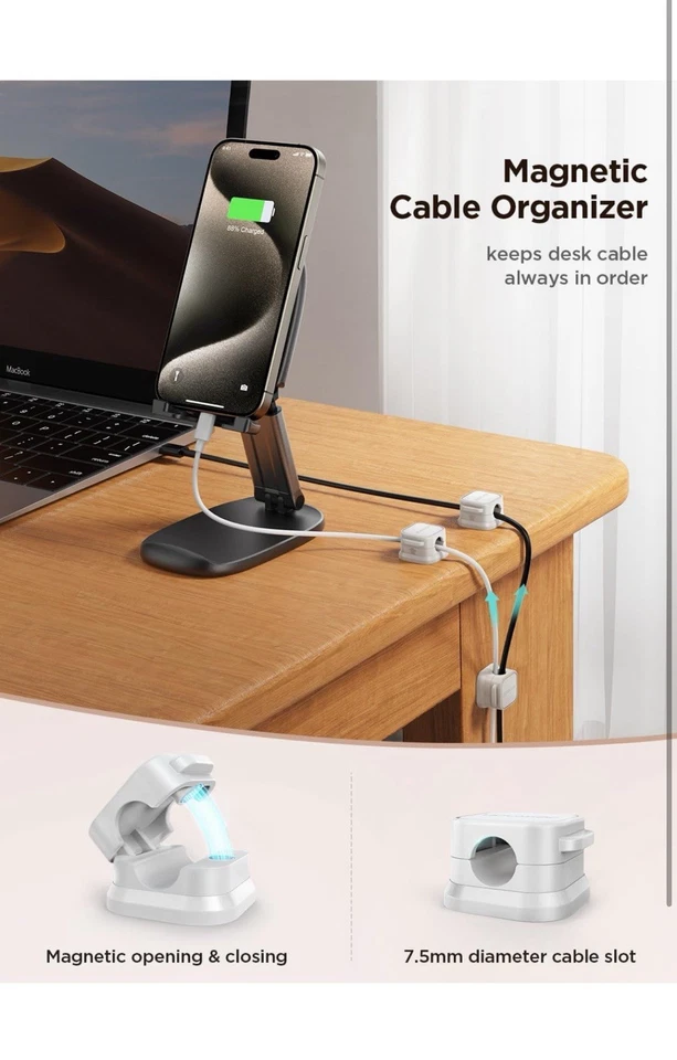 Paquete de 6 clips de cable magnéticos [cable liso ajustable] soporte de cable, debajo del escritorio... Foto 3 de 4