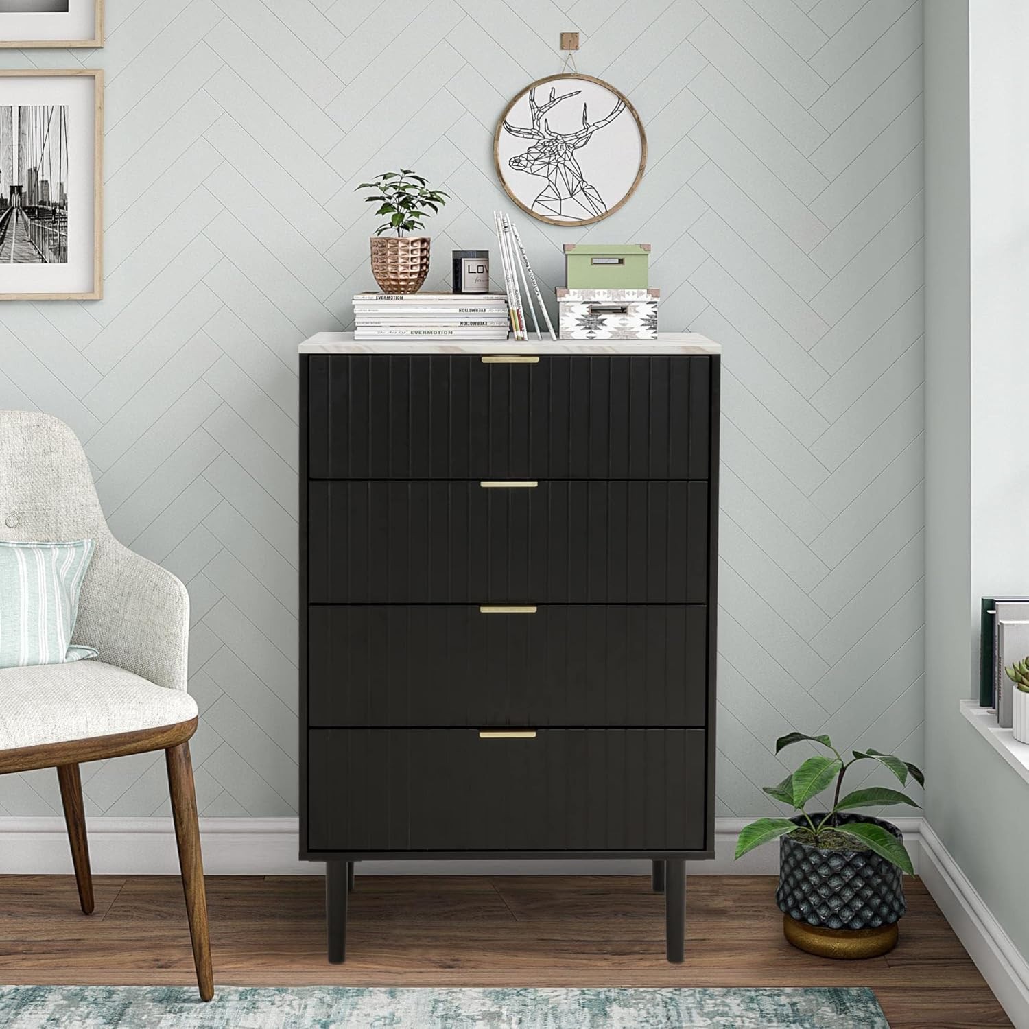 Meuble de Rangement 4 Tiroirs Commode Plateau Marbré pour Chambre Adulte
