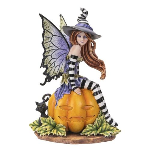 Dark Kitty With Fairy Witch on Pumpkin Figurine, Indoor/Outdoor Decor for Fairy - Picture 2 of 6