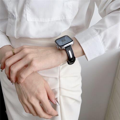 Correa delgada de cuero + lona para Apple Watch 10 9 8 7 6 SE 41/42/45/46/49 mm - Imagen 15 de 24