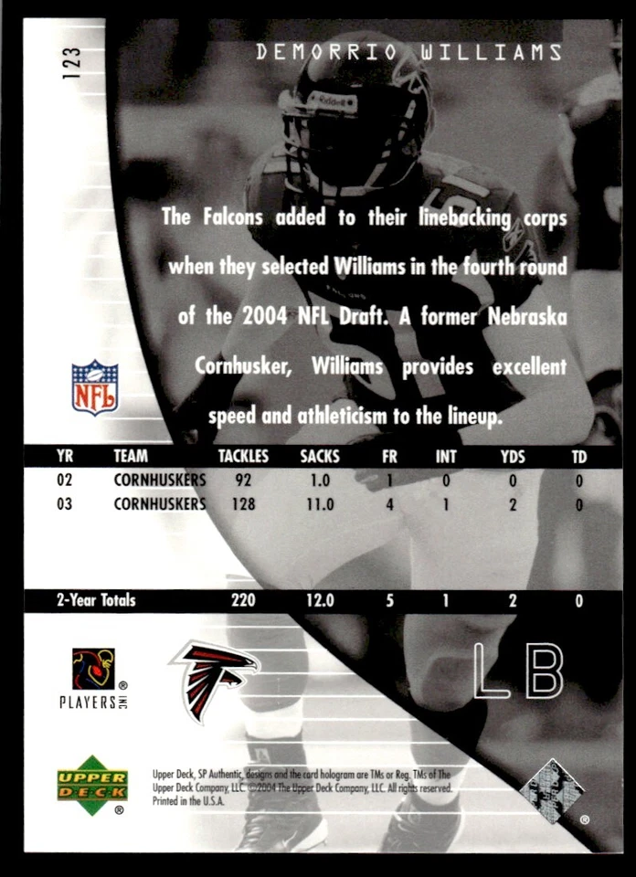 2004 SP Authentic Demorrio Williams Rookie 0815/1199 Atlanta Falcons #123 R57 - Image 2 of 2