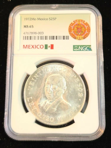1972 MEXICO SILVER 25 PESOS S25P BENITO JUAREZ NGC MS 65 GEM BU BEAUTIFUL BLAZER