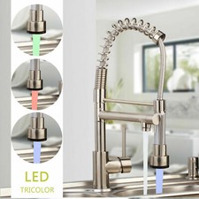 LED Swivel Pull Down Kitchen Sink Mixer Faucet Brushed Nickel 2 Spout Brass Taps