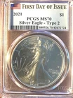 2021 American Silver Eagle $1 Coin FIRST DAY OF ISSUE Type 2. MS70. PCGS VARIOUS