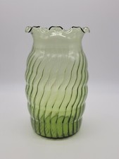 Vintage Anchor Hocking Green Glass Vase Ruffled Rim Wavy Optics Hand Blown