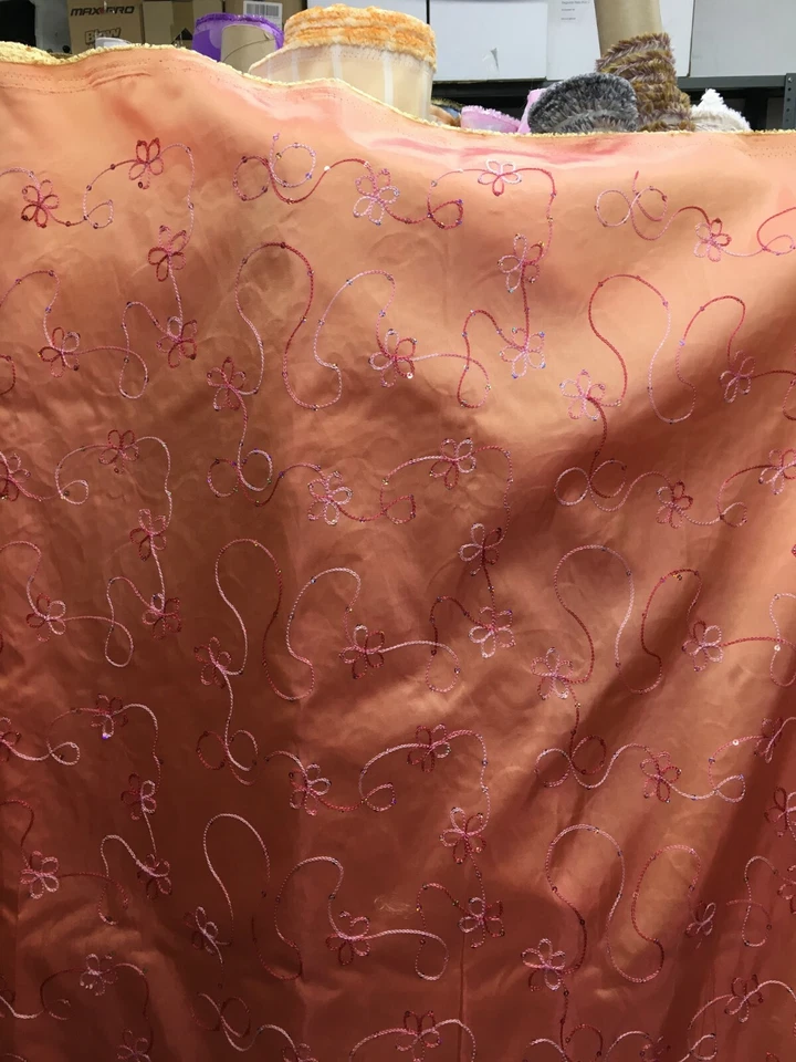 PEACH FLORAL SEQUINS EMBROIDERY TAFFETA FABRIC (60 in.) Sold By The Yard - Image 2 of 4
