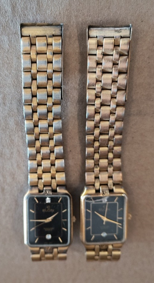 VTG Elgin Watch Mens Diamond Black Dial Quartz Lot of 2 Parts & Repair