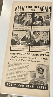 Vtg 1934 Post s 40% Bran Flakes Cereal Original Print Ad- Keen For His Job Again