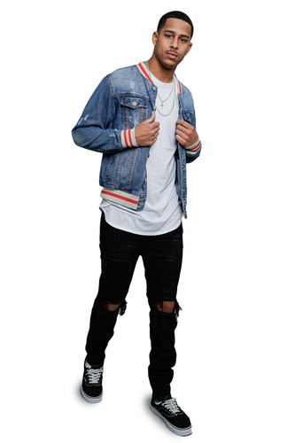 Men's Striped Collar Cuff Hem Button Up Distressed Jean Denim Jacket DK145 - 第 8/8 張圖片