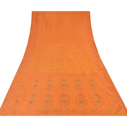 Sanskriti Vintage Indian Orange Sarees Art Silk Woven Premium Craft Fabric Sari - Picture 8 of 12