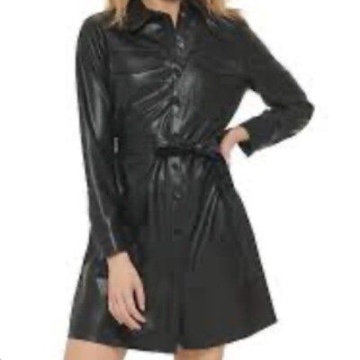 DKNY Faux-Leather Snap-Closure Belted Dress M / Black